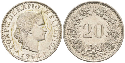 Швейцария 20 раппенов 1962 В KM 29a медно-никель 55-816