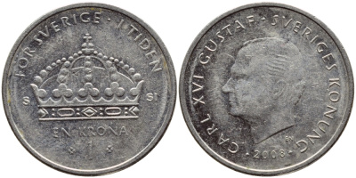 Швеция 1 крона 2008 Карл XVI Густав (1973- ) KM 894 медно-никель 85-416