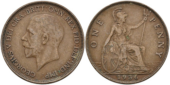 Великобритания 1 пенни 1936 Георг V (1910-1936) KM 838, Spink 4055 бронза 3855-1226