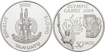 Вануату 50 вату 2003 XVIII Олимпийские игры 1996 года в Афинах, олимпийский огонь серебро PROOF 1074-9-22