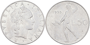 ИТАЛИЯ 50 ЛИР 1955 R, БОГ ОГНЯ ВУЛКАН У НАКОВАЛЬНИ KM 95.1 нержавеющая сталь 117-921