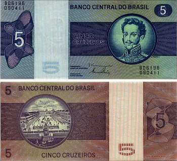 БРАЗИЛИЯ 5 КРУЗЕЙРО 1973 СЕРИЯ В0619, ПЕДРУ I, ИМПЕРАТОР БРАЗИЛЬСКОЙ ИМПЕРИИ Pick 192b бумага UNC (ПРЕСС) 7547-38-2-1