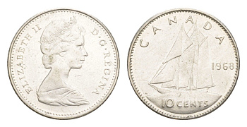 Канада 10 центов 1968 Елизавета II (1952-2022), парусник KM 72 серебро 4639-618