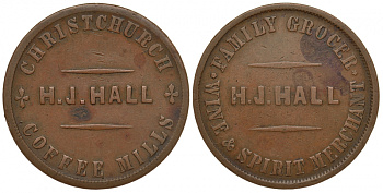 Новая Зеландия 1 пенни 1864-1865 HENRY J. HALL, Крайстчерч, маленькие буквы, семейная бакалея, торговля вином и спиртом, токен, диаметр 33,5 мм. KM Tn 28A медь  VF  1521-332