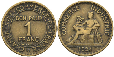 Франция 1 франк 1924 KM 876, Le Franc 218.5 алюминиевая бронза 4142-746