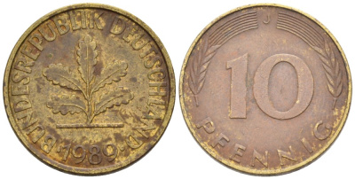 ФРГ 10 пфеннигов 1989 J KM 108 сталь плакированная латунью 4577-433