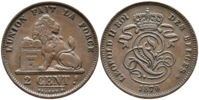 БЕЛЬГИЯ 2 САНТИМА 1870 KM 35.1 медь 3334-457