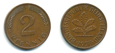 ФРГ 2 пфеннига 1978 F KM 106a, J.381a сталь плакированная медью 3999-1144