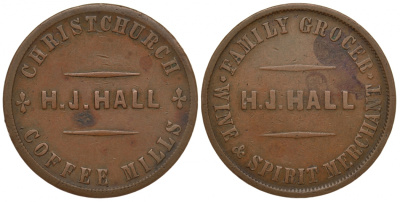 Новая Зеландия 1 пенни 1864-1865 HENRY J. HALL, Крайстчерч, маленькие буквы, семейная бакалея, торговля вином и спиртом, токен, диаметр 33,5 мм. KM Tn 28A медь  VF  1521-332
