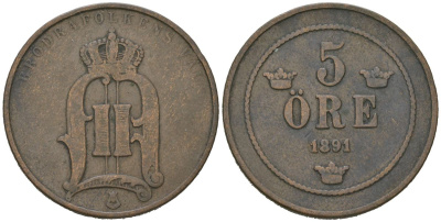 Швеция 5 эре 1891 Оскар II (1872-1907) KM 757 бронза 4171-726