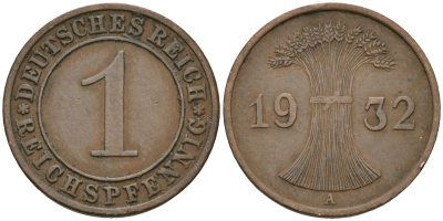Германия 1 рейхспфенниг 1932 A KM 37, J. 313 бронза 4189-1151