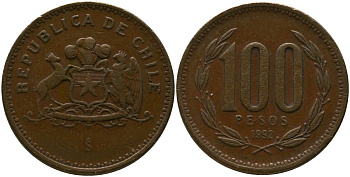 Чили 100 песо 1992 So KM 226.2, Schon 71 алюминиевая бронза 4544-951