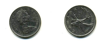 Канада 25 центов 1977 Елизавета II (1952-2022), олень карибу KM 62b никель 83-1655