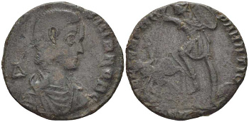 Римская Империя майорина 352 - 354 Констанций Галл в ранге цезаря, D N CONSTANTIVS IVN NOB C, слева от бюста дельта / император, поражающий персидского всадника, FEL TEMP REPARATIO, Сирмий RIC 36 биллон 1073-17-92