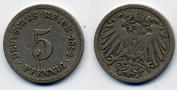 ГЕРМАНИЯ 5 ПФЕННИГОВ 1894 A, KM 11, J. 12 медно-никель 51-5246