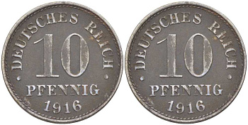ГЕРМАНИЯ 10 ПФЕННИНГОВ 1916 J, ПЕРВАЯ МИРОВАЯ ВОЙНА KM 20, J.298, Weege 8 железо 202-156