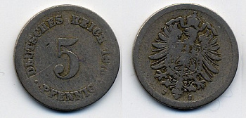 ГЕРМАНИЯ 5 ПФЕННИГОВ 1875 J, СТАРОГЕРБОВКА KM 3, J.3 медно-никель 46-258