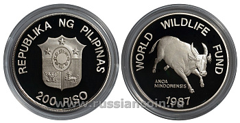 Филиппины 200 писо 1987 серия 25 лет окружающей среды, буйвол тамарау KM 248 серебро PROOF 02-056-43