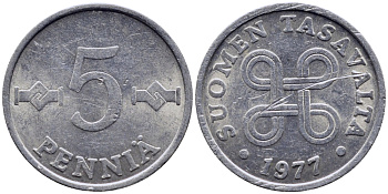 ФИНЛЯНДИЯ 5 ПЕННИ 1977 ПЕРВЫЙ ГОД KM 45а алюминий 71-1555