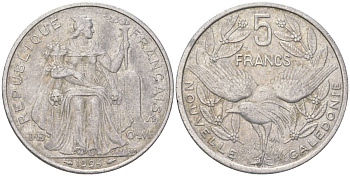 Французская Новая Каледония 5 франков 1994 птица кагу, (IEOM) KM 16, Schoen 12, Lec 81 алюминий 189-133