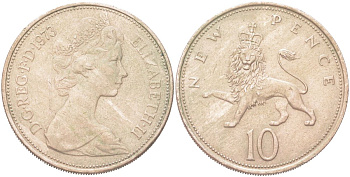 Великобритания 10 новых пенсов 1973 Елизавета II (1952-2022) KM 912, Spink F1 медно-никель 4128-346