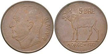 Норвегия 5 эре 1972 лось, Улаф V (1958 - 1991) KM 405 бронза UNC 4119-544