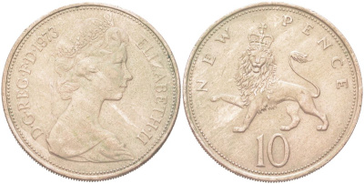 Великобритания 10 новых пенсов 1973 Елизавета II (1952-2022) KM 912, Spink F1 медно-никель 4128-346