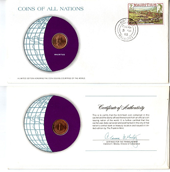 Маврикий 1 цент 1975 конверт с маркой первого дня гашения, Coins of Nations KM 31 бронза UNC 4294-19-1