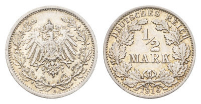 Германия 1/2 марки 1916 A KM 14, J. 17 серебро aUNC 1529-1412