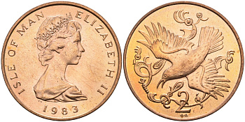 Остров Мэн 2 пенса 1983 АА, птица, Елизавета II (1952) KM 60 бронза UNC 4583-114