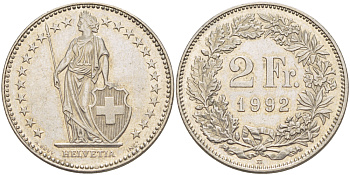 ШВЕЙЦАРИЯ 2 ФРАНКА 1992 В KM 21а.3 медно-никель 84-1122
