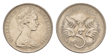 Австралия 5 центов 1980 Елизавета II (1952-2022) молодой портрет, ехидна KM 64 медно-никель 4655-1268