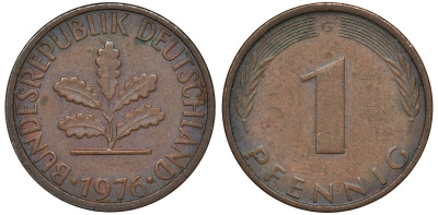 ФРГ 1 пфенниг 1976 G KM 105 сталь плакированная медью 4124-568