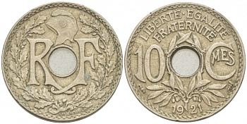 Франция 10 сантимов 1921 тип Линдайё KM 866a, Le Franc 138.3 медно-никель 77-857