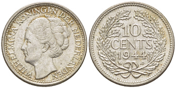 Нидерланды 10 центов 1944 Вильгельмина (1890-1948) KM 163 серебро aUNC 66-1257