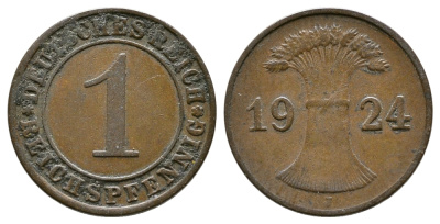 ГЕРМАНИЯ 1 РЕЙХСПФЕННИГ 1924 J KM 37, J.313 бронза 4380-1065