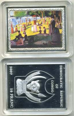 Конго 10 франков 2007 серия шедевры мировой живописи, СУББОТНИЙ ПОЛДЕНЬ, серебрение, размер 35Х46 мм., цветная эмаль медно-никель PROOF M43-20