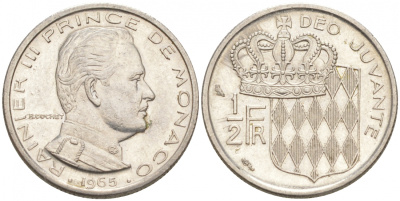 Монако 1/2 франка 1965 Ренье III (1949-2005) KM 145 никель 73-233