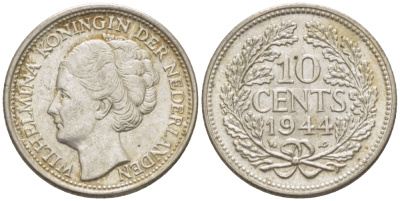 Нидерланды 10 центов 1944 Вильгельмина (1890-1948) KM 163 серебро aUNC 66-1257
