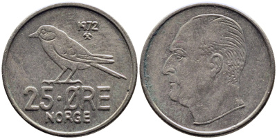 Норвегия 25 эре 1972 Улаф V (1958-1991), синица KM 407 медно-никель 4387-829