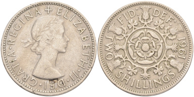 Великобритания 2 шиллинга (флорин) 1961 Елизавета II (1952-2022) KM 906, Spink 4146 медно-никель 189-642