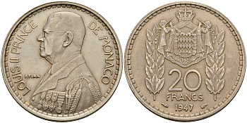 Монако 20 франков 1947 Луи II (1922-1949) KM 124 медно-никель  aUNC  4117-115