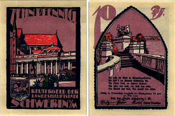 ШВЕРИН 10 ПФЕННИГОВ 1922 НОТГЕЛЬД, 31 МАЯ 1921, ЗЕМЛЯ МЕКЛЕНБУРГ-ПЕРЕДНЯЯ ПОМЕРАНИЯ Grabowski 1214.1 бумага 6318-47-1-2