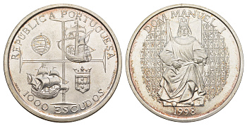 Португалия 1000 эскудо 1998 Король Мануэл I KM 713 серебро BU 1088-3-21
