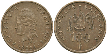 Французская Новая Каледония 100 франков 2004 хижина среди сосен и пальм, (IEOM) KM 15, Schoen 16, Lec 139h никель бронза 111-121
