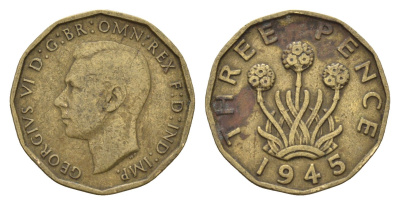 Великобритания 3 пенса 1945 Георг VI (1936-1952) KM 849, Spink 4112 никель латунь 4671-1151