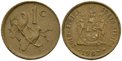 ЮАР 1 цент 1983 герб, капские воробьи KM 82 бронза 4136-849