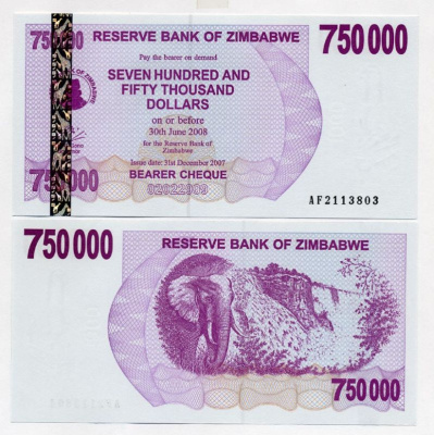 Зимбабве 750000 долларов 2007 слон, водопад Виктория Pick 52 бумага UNC (пресс) 448-52-2