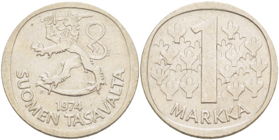 ФИНЛЯНДИЯ 1 МАРКА 1974 S KM 49а медно-никель UNC 3718-1212