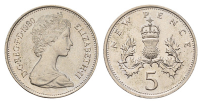 Великобритания 5 новых пенсов 1980 Елизавета II (1952-2022) KM 911, Spink 4233 (D1) медно-никель UNC 3996-825